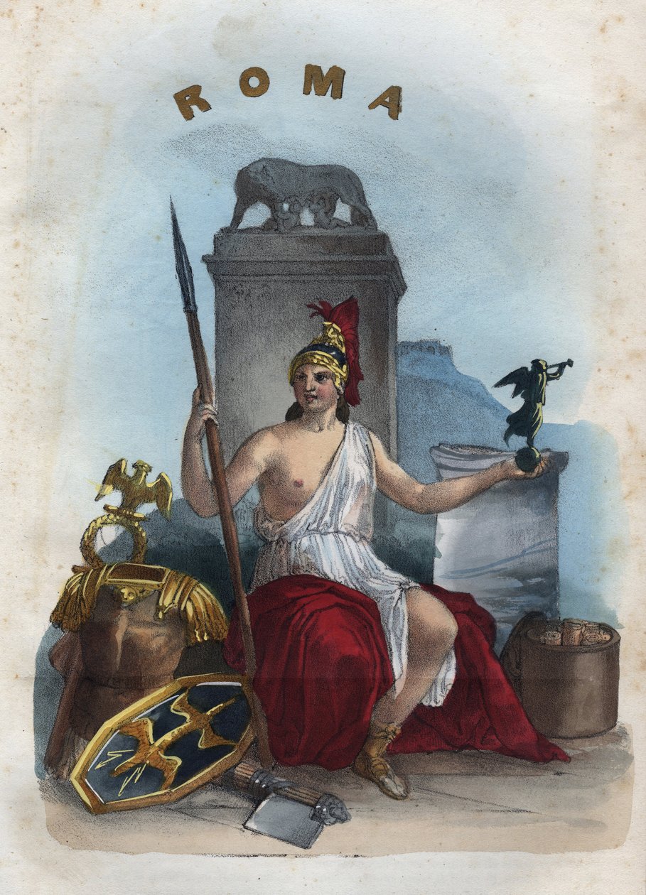 Alegoria de Roma - gravura de "Usos e costumes de todos os povos do Universo". Ou melhor, a história do governo, das leis, das milícias, da religião de todas as nações desde os tempos mais remotos até aos nossos dias" 1856 de Unknown artist