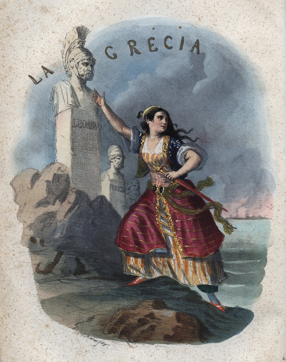 Alegoria da Grécia - gravura de "Usos e costumes de todos os povos do Universo". Ou melhor, a história do governo, das leis, das milícias, da religião de todas as nações desde os tempos mais remotos até aos nossos dias" 1856 de Unknown artist