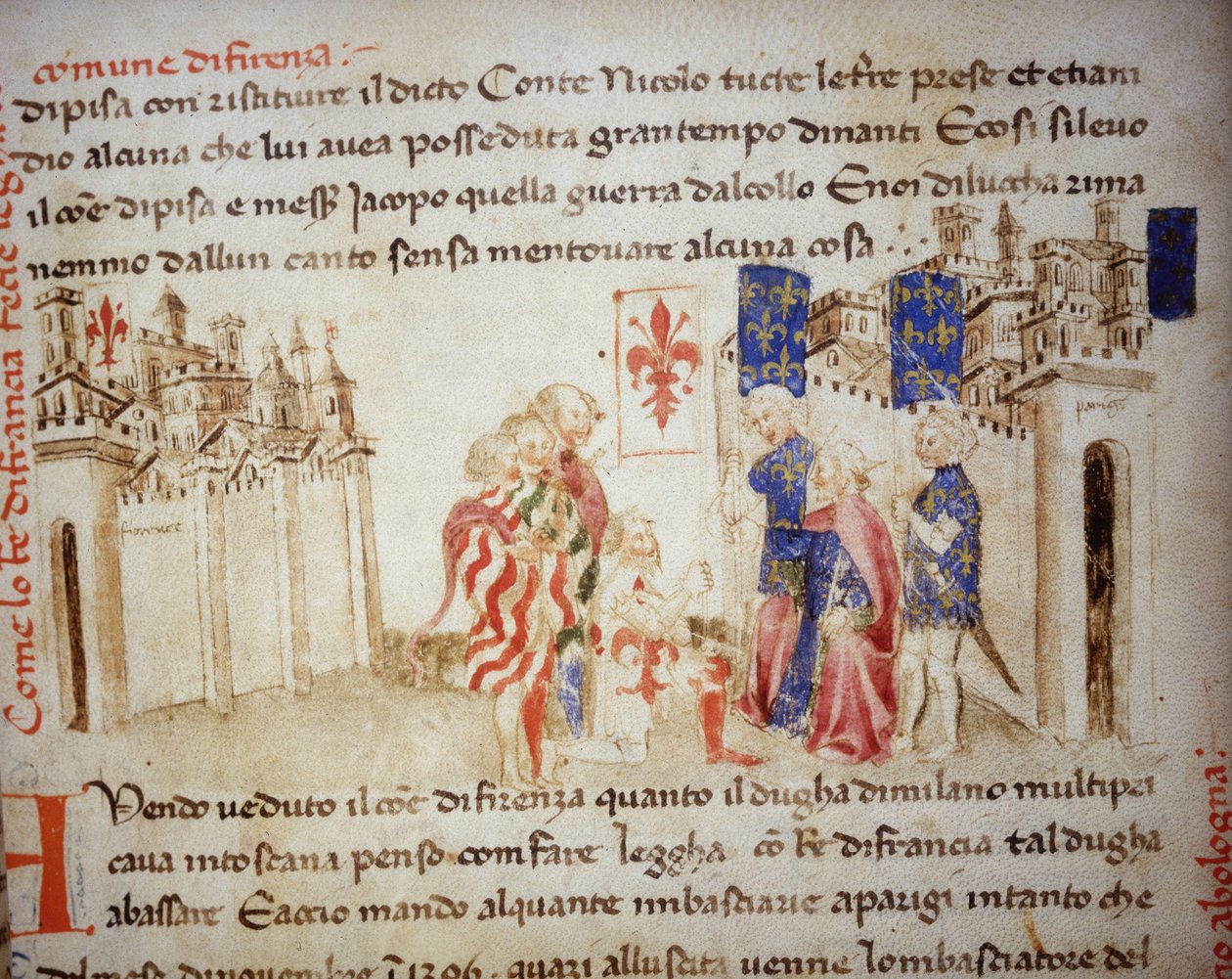 Aliança do Rei da França, Carlos VI, com a comuna de Florença em 1396 - em "Croniche del Sercambi", cerca de 1400. Arquivo Nacional, Lucca. de Unknown artist