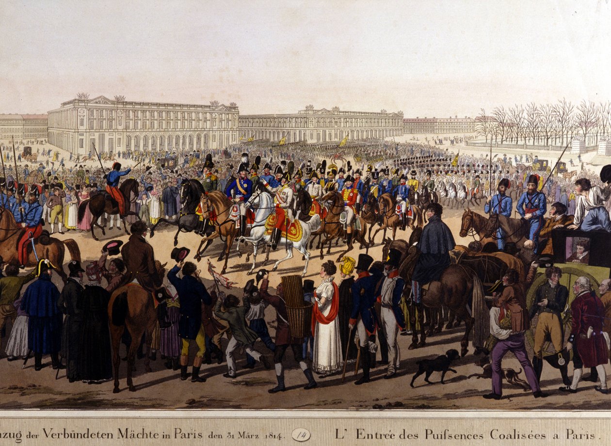 Os aliados entraram em Paris em 31 de Março de 1814 (Rússia Alexandre I, o imperador austríaco Francisco José I e o rei prussiano Frederico Guilherme III). Gravura do século XIX de Unknown artist