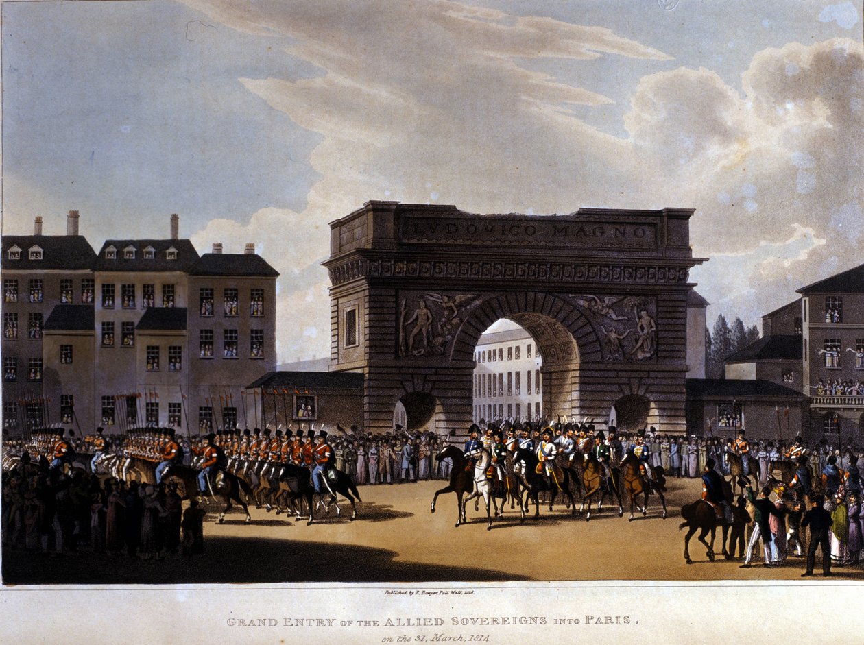 Aliados entraram em Paris em 31 de março de 1814 (Rússia Alexandre I, o imperador austríaco Francisco I e o rei prussiano Frederico Guilherme III.) gravura de 1826 de Unknown artist
