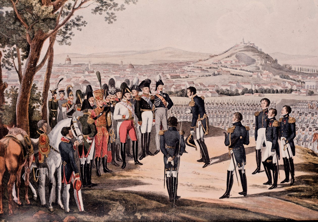 Aliados da Prússia sob Schwartzenberg derrotaram o francês sob Marmont/Mortier (gravura) de Unknown artist