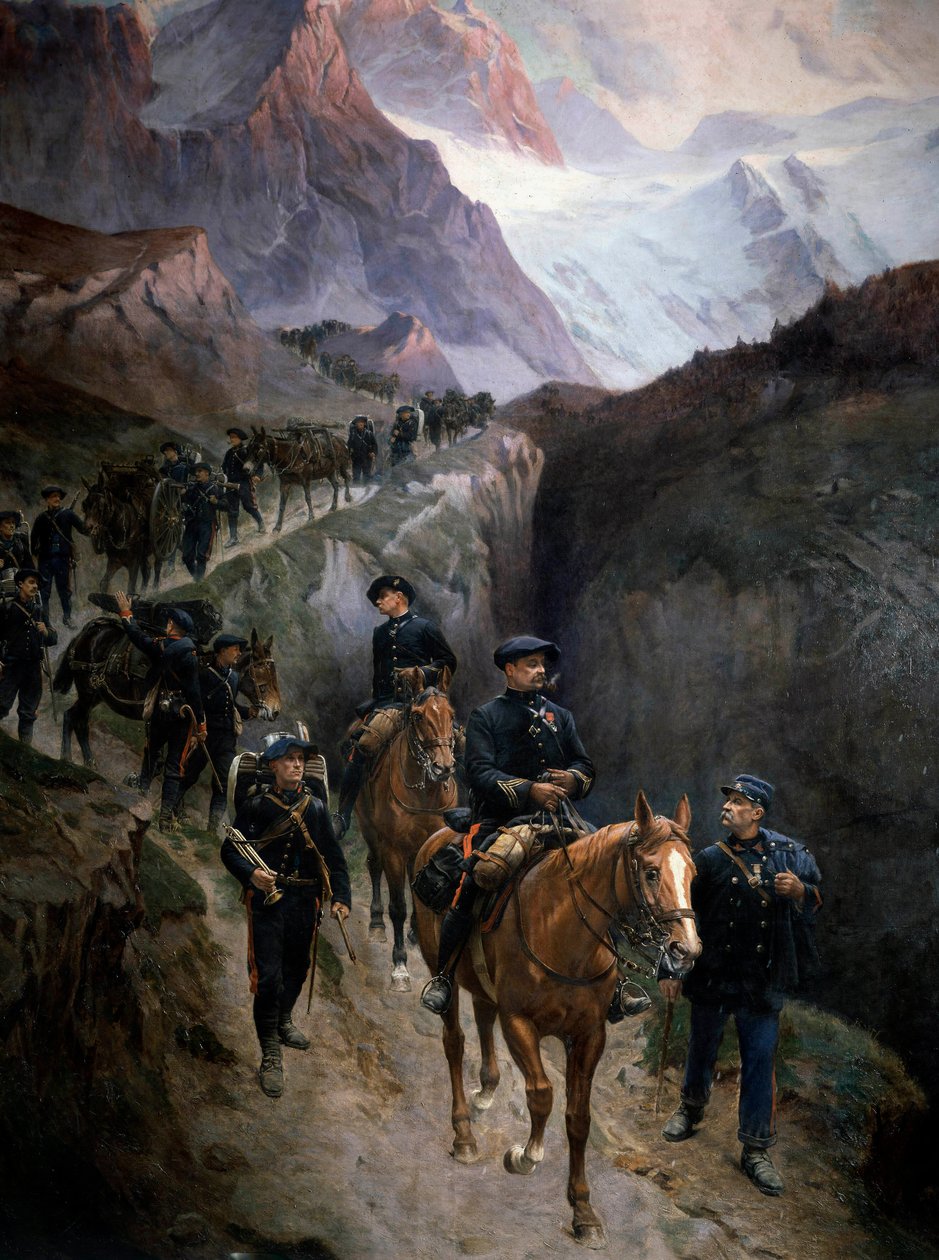 Caçadores alpinos nas montanhas em 1890 Pintura anónima. 1890 Paris, Musee de l