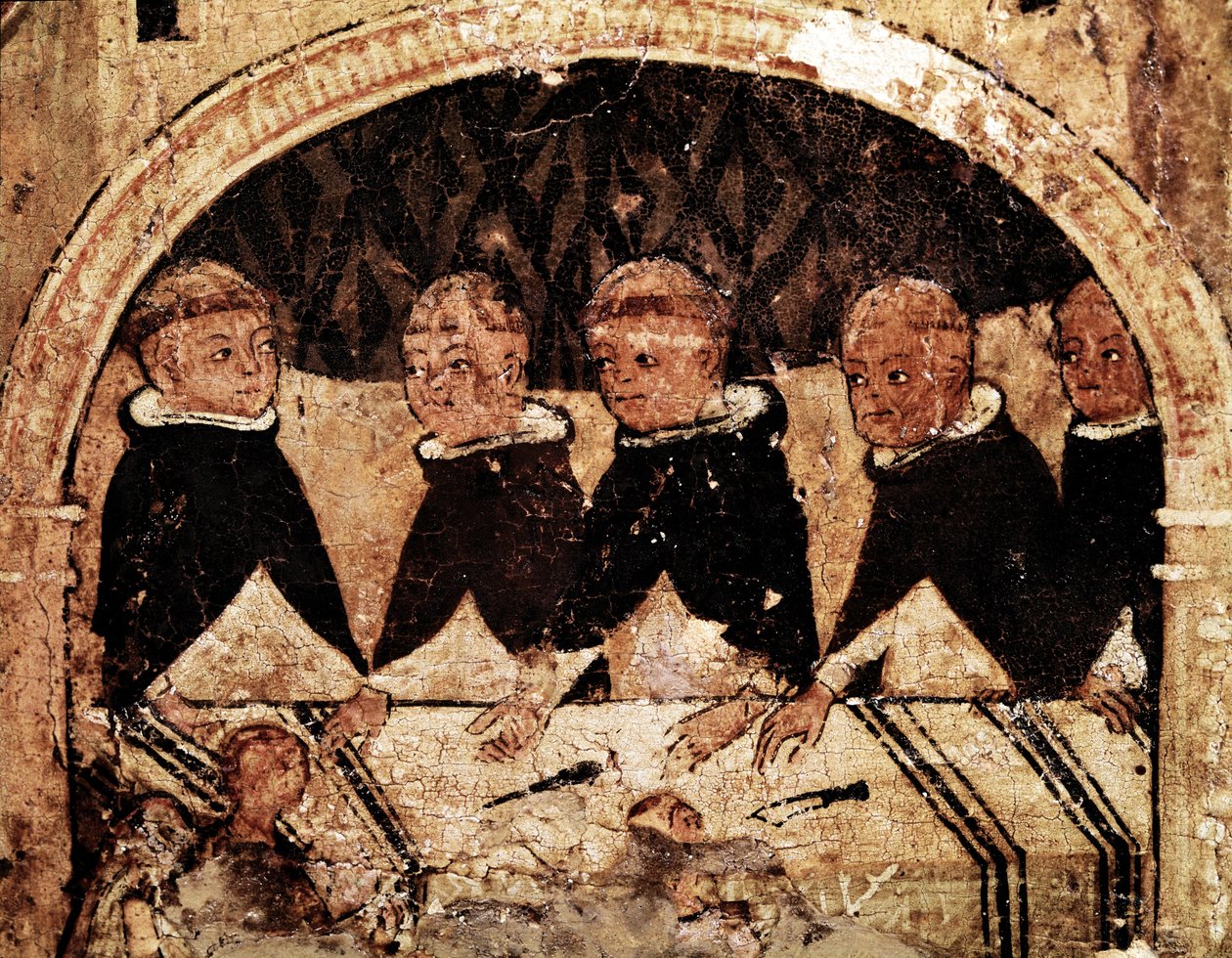 Altarpe da vida de Santa Domingas de Guzman (1170-1221), fundador da Ordem Dominicana: grupo de monges dominicanos na mesa. Pintura sobre madeira do século XIII. Nápoles, Museo Nazionale di Capodimonte de Unknown artist
