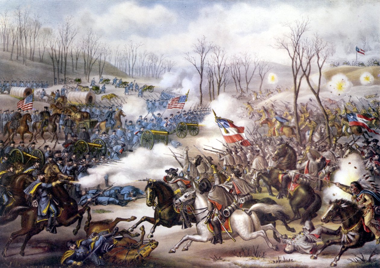 Guerra Civil Americana (1861 - 1865): Batalha de Pea Ridge ou Elkhorn Tavern (Arkansas) 06 - 08 de Março de 1862. Gravura do século XIX. de Unknown artist
