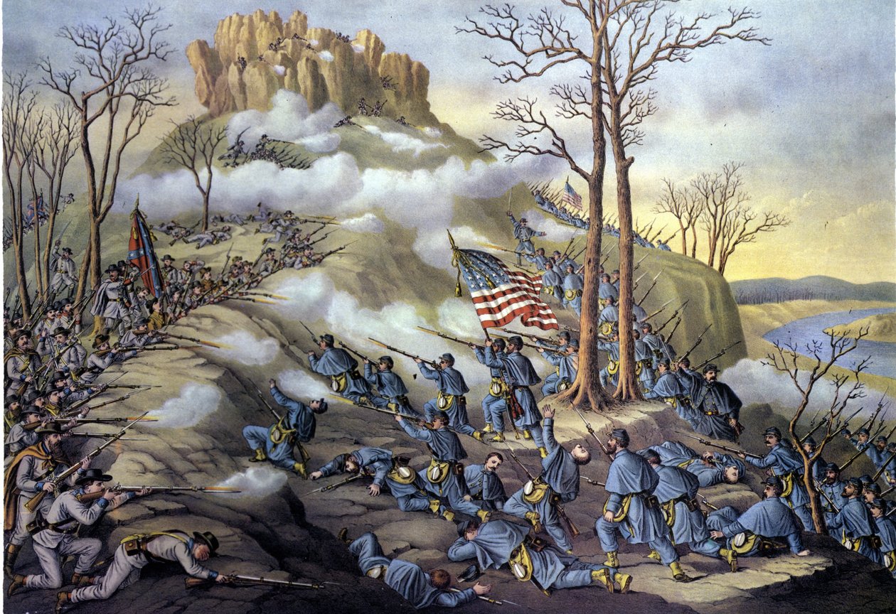 Guerra da Secessão Americana ou Guerra Civil (1861 - 1865): 23/11/1863, Batalha da Montanha de Vigia no Tennessee, um assalto conhecido hoje como a batalha sobre as nuvens por causa do nevoeiro que permitiu que as tropas federais avançassem mais rapidament de Unknown artist