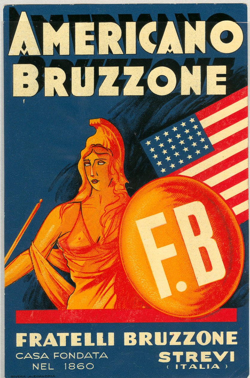 Anúncio de álcool Americano Bruzzone com bandeira americana (Chromolithography, final do século XIX) de Unknown artist
