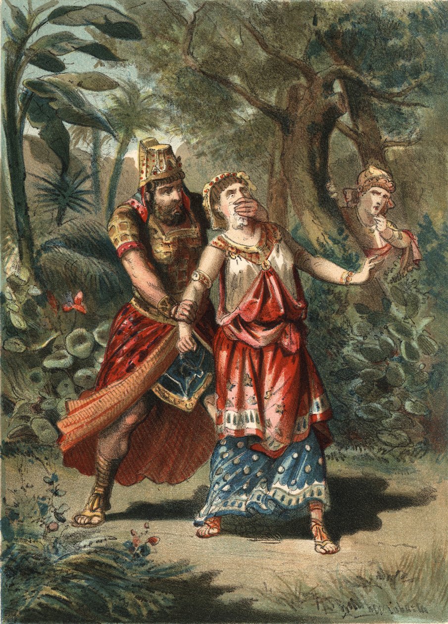 Amestris, esposa de Xerxes rei dos persas é raptada por um servo de Artaynte. em "El Culto de la Hermosura" de Juan Justo Huguet, Molinas Hermanos editores de Unknown artist