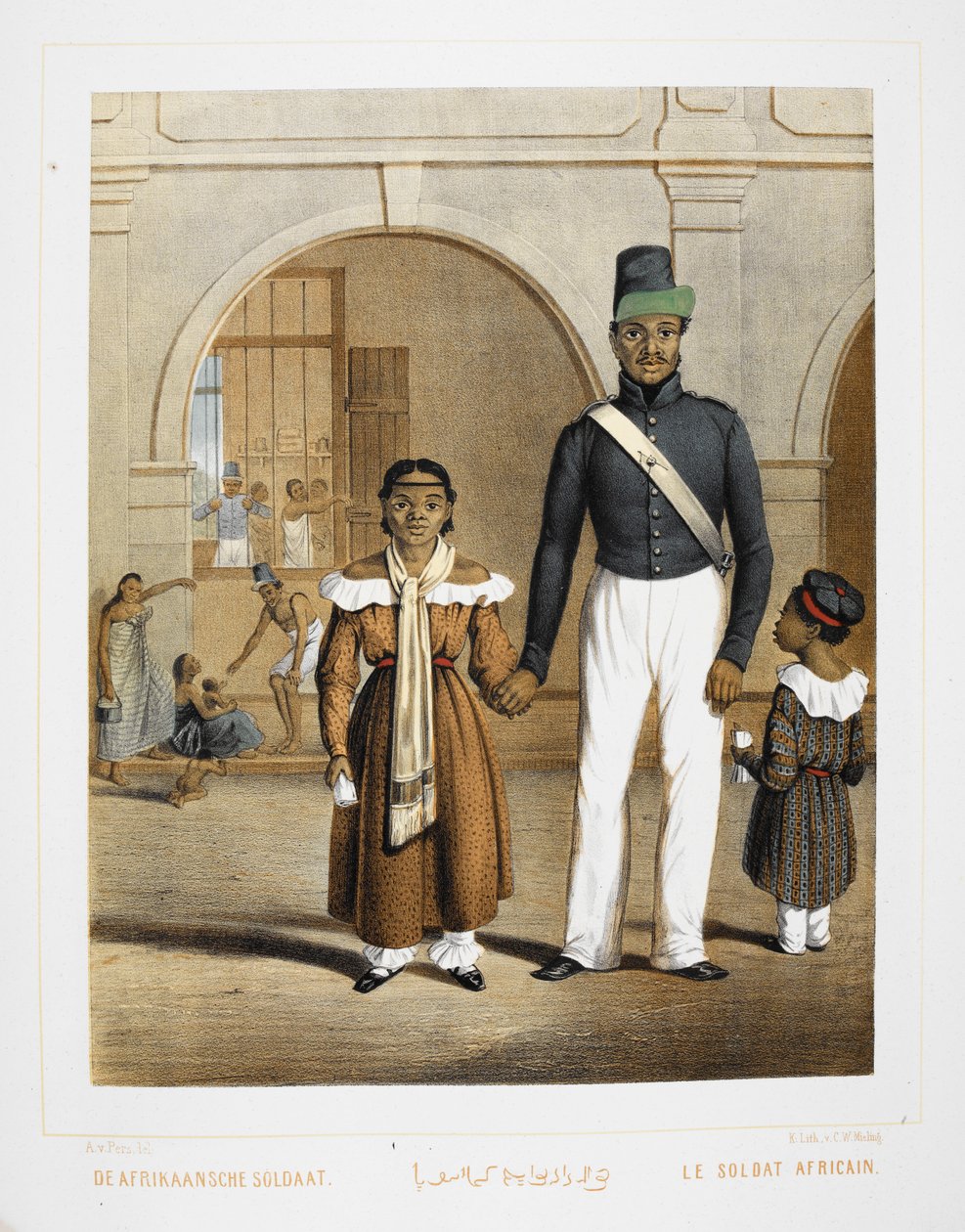 Um soldado africano com a sua família. Habitantes da Indonésia. de Unknown artist