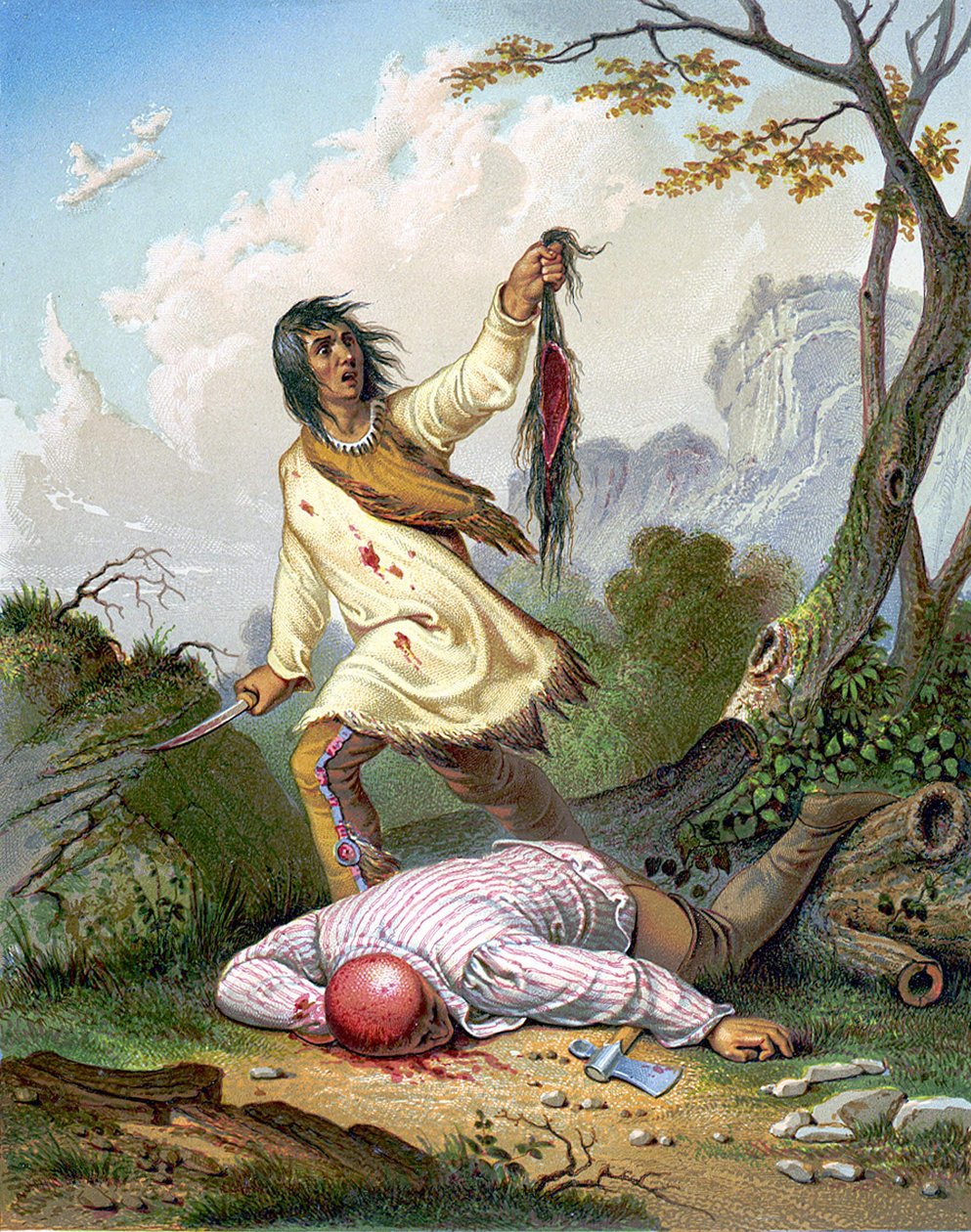 Um índio americano segurando uma faca e um escalpe sobre um homem deitado no chão. Gravura v. 1860. de Unknown artist