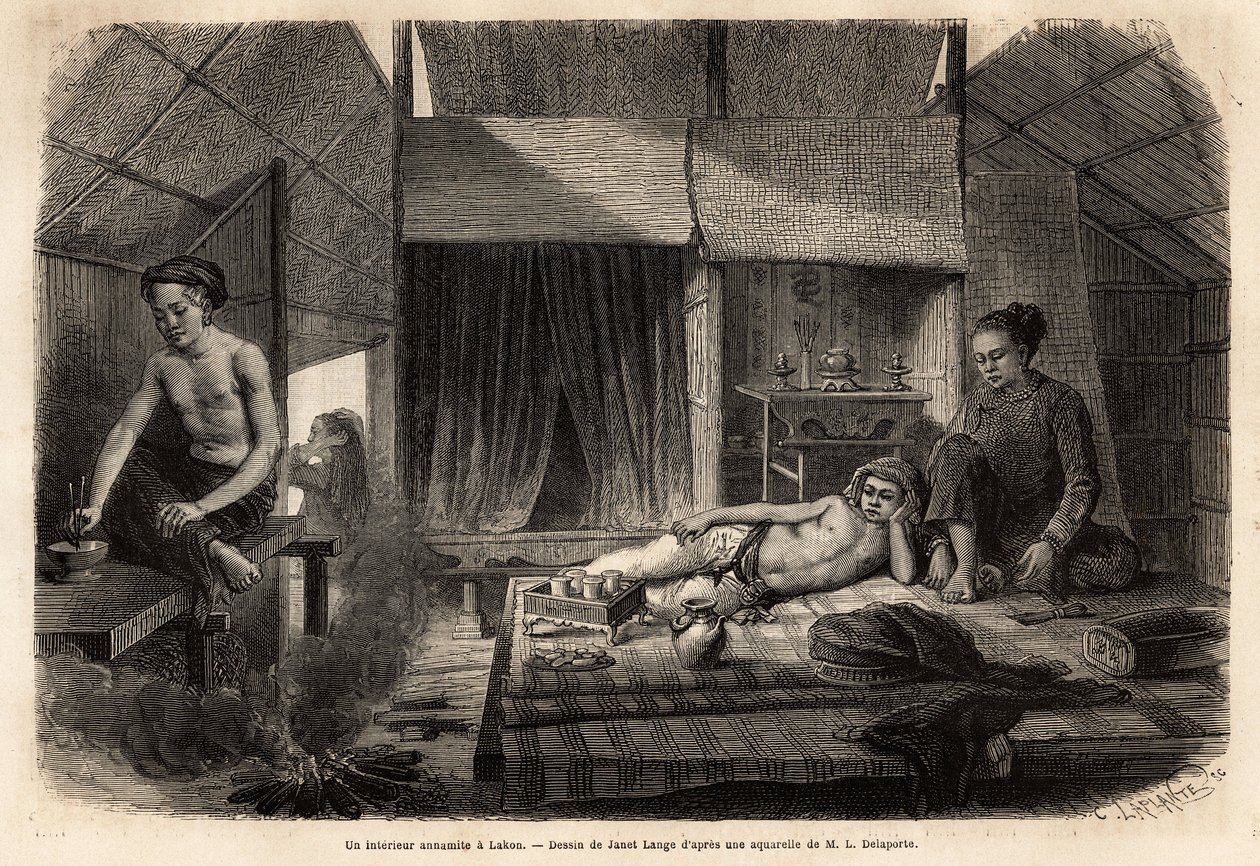 Um interior Annamite em Lakon (Laos),. Gravura para ilustrar a viagem de exploração na Indochina, de Francis Garnier, tenente de Vaissseau, em 1866-1868, publicada em "Le tour du monde" 1870-1871, editada por Edouard Charton, edição Hachette, Pa de Unknown artist