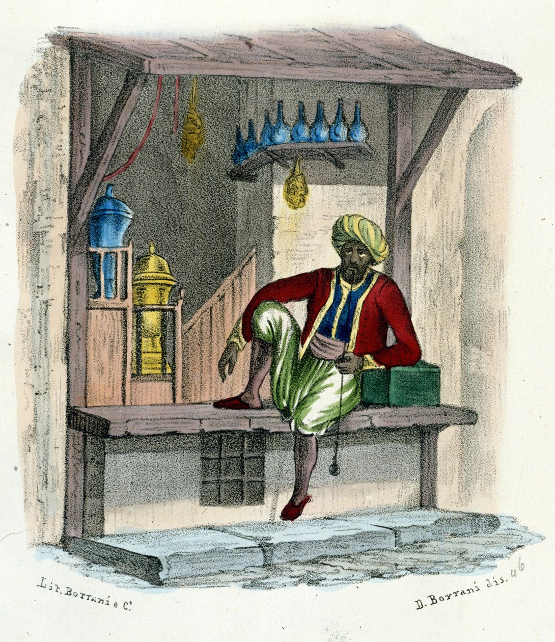 Um vendedor árabe, gravando por volta de 1850. de Unknown artist