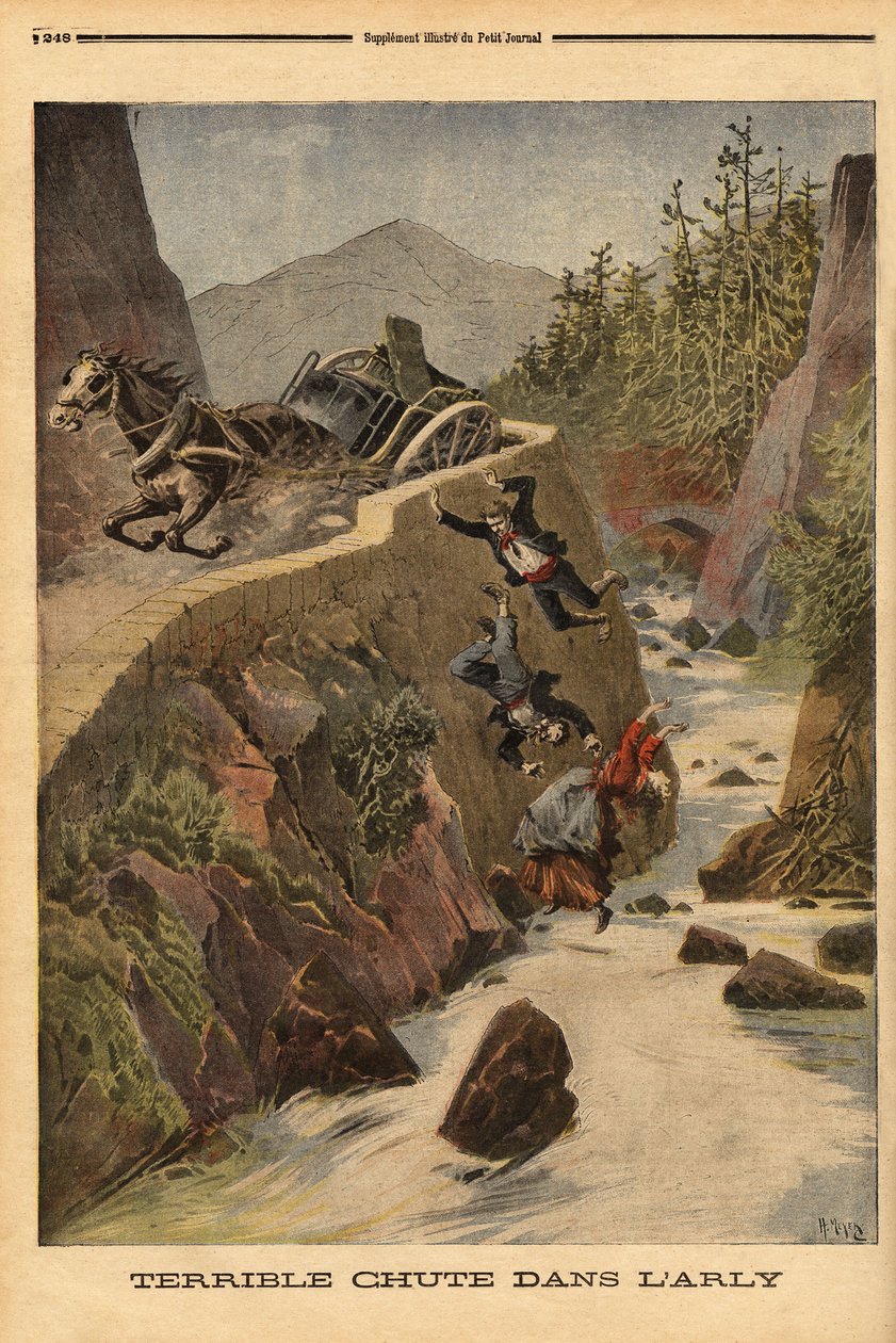 Um acidente com um tanque num banco em Savoie, o veículo capota e os passageiros são precipitados em Arly. Gravação no "Le petit journal" 2/08/1896. Coleção da Selva. de Unknown artist