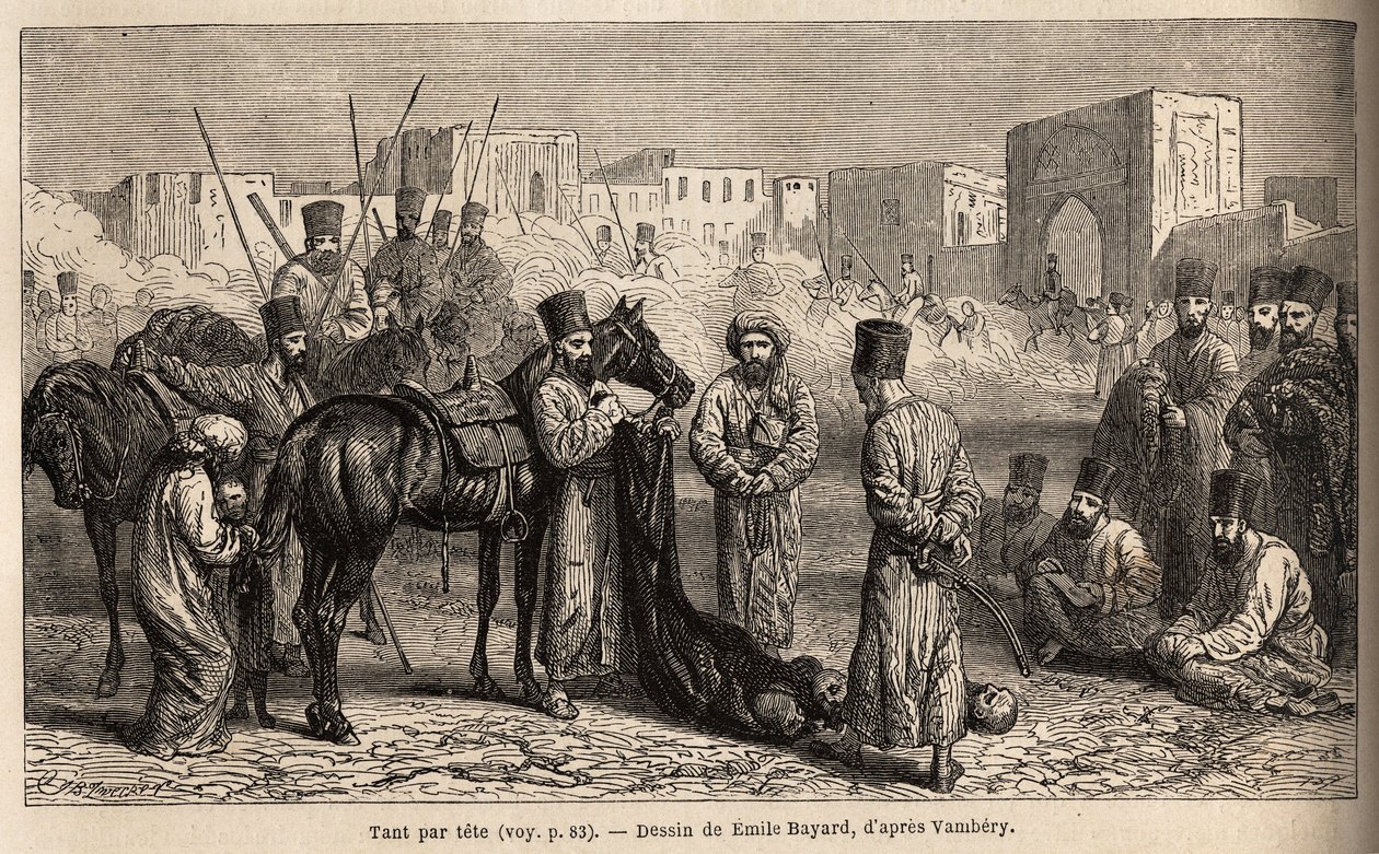 Um contador do Khan, recebe a entrega das cabeças dos inimigos e reféns, mulheres e crianças amarradas à cauda dos cavalos. Desenho de Emile Bayard (1837-1891), para ilustrar a viagem à Ásia Central, em 1863, de Arminius Vambery (cientista húngaro de Unknown artist