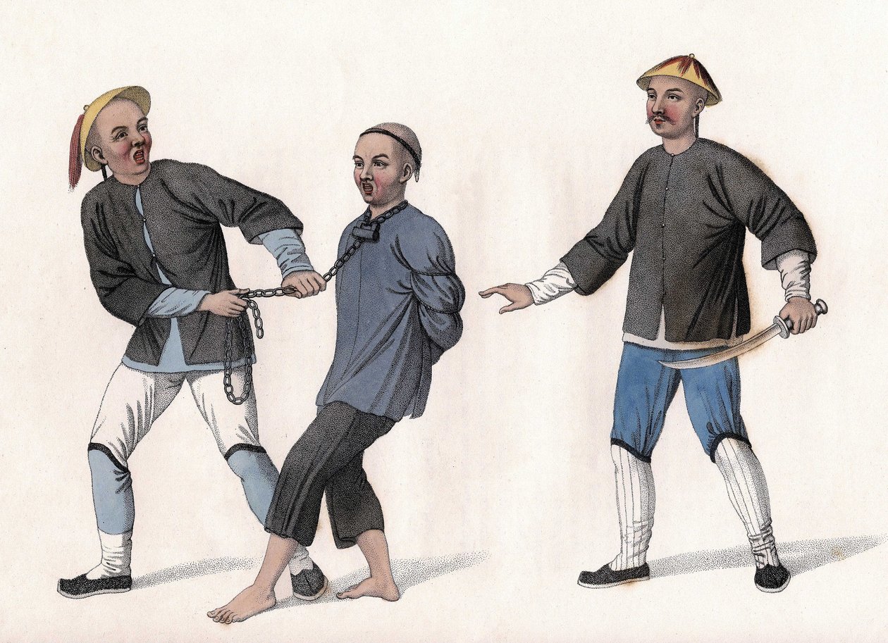 Um acusado é levado para a prisão, amarrado por uma corrente à volta do pescoço. Gravação, em "The Punishments of the Chinese" (Os Castigos dos Chineses), Londres de Unknown artist