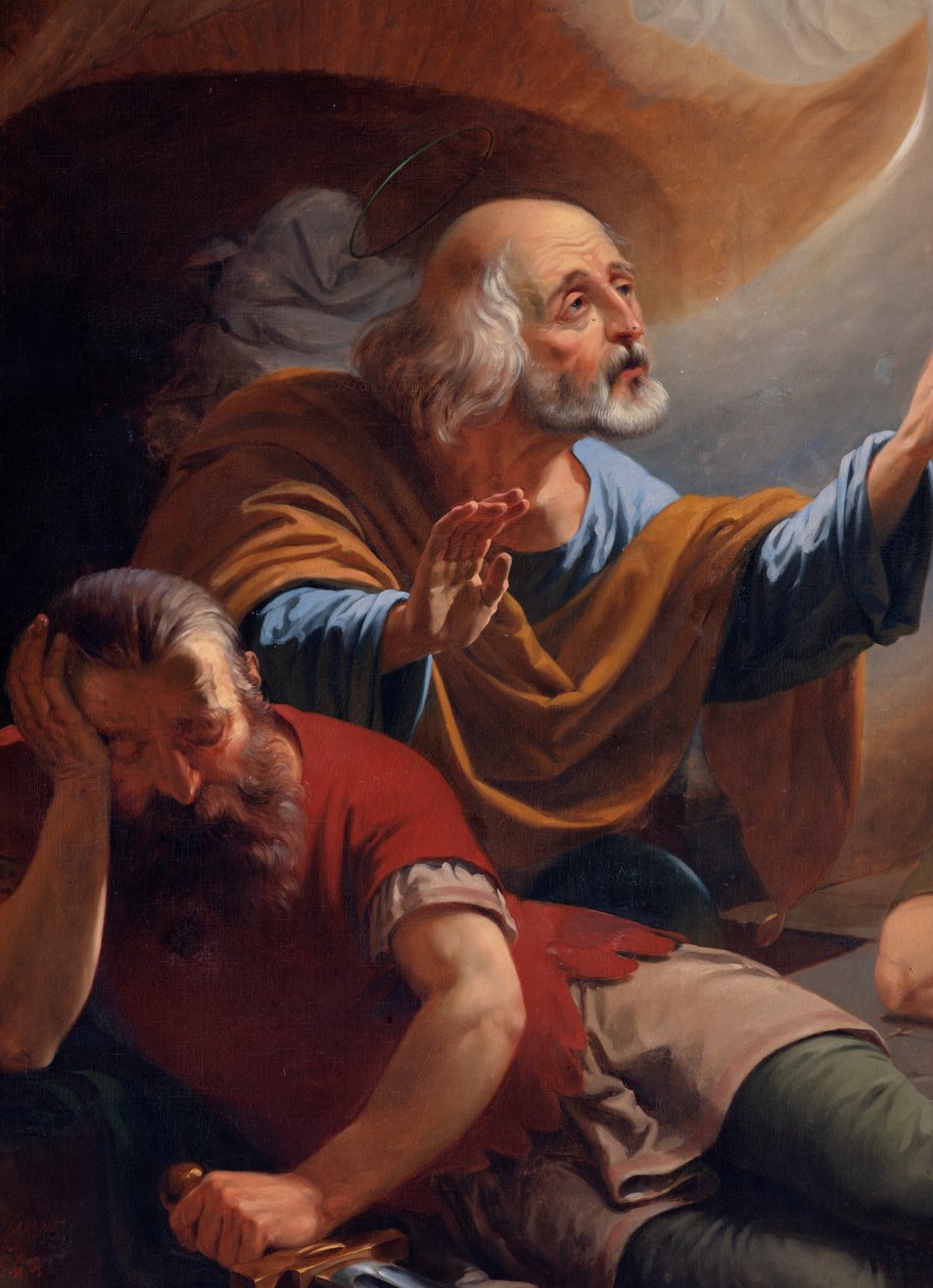 Um anjo liberta São Pedro da prisão, desenhado por F. Devigne (?) de Unknown artist