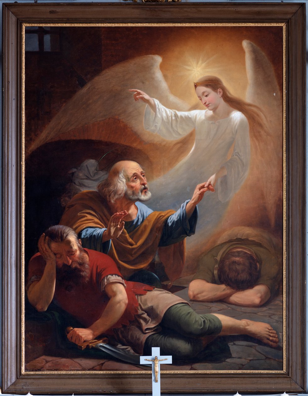 Um anjo liberta São Pedro da prisão, desenhado por F. Devigne (?) de Unknown artist