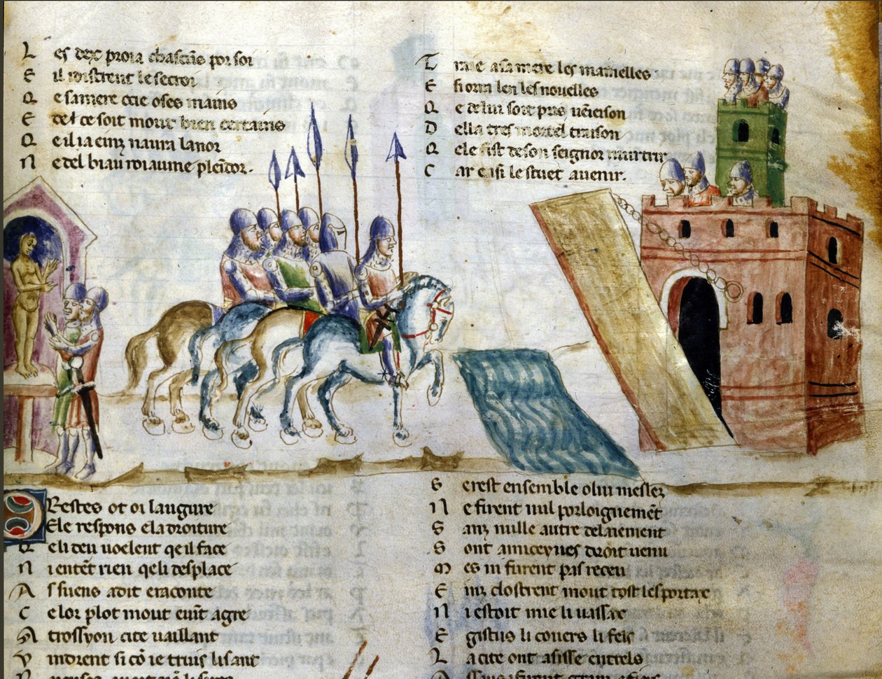 Um exército está a aproximar-se de um castelo. Miniatura do "Roman de Troy" de Benoit de Sainte Maure. Século XIV, Biblioteca Marciana, Veneza de Unknown artist