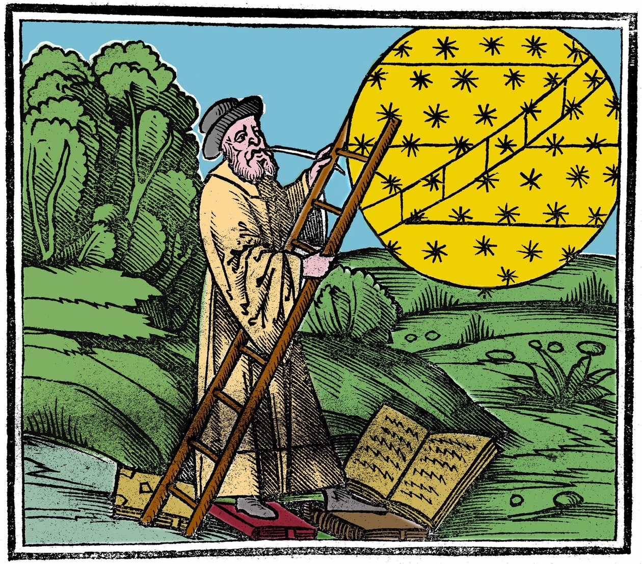 Um astrónomo a colocar uma escada para subir ao céu. de Unknown artist