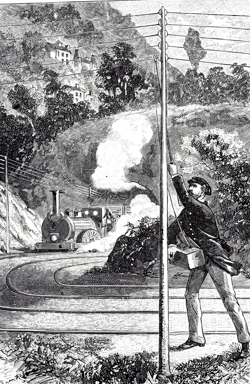 Uma gravura representando um trabalhador ferroviário que envia um sinal de emergência num telégrafo ferroviário de Unknown artist