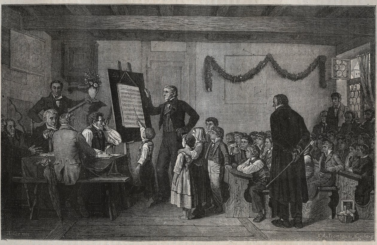 Uma sessão de exame numa escola suíça - gravura em "La suisse" de Jules Gourdault de Unknown artist