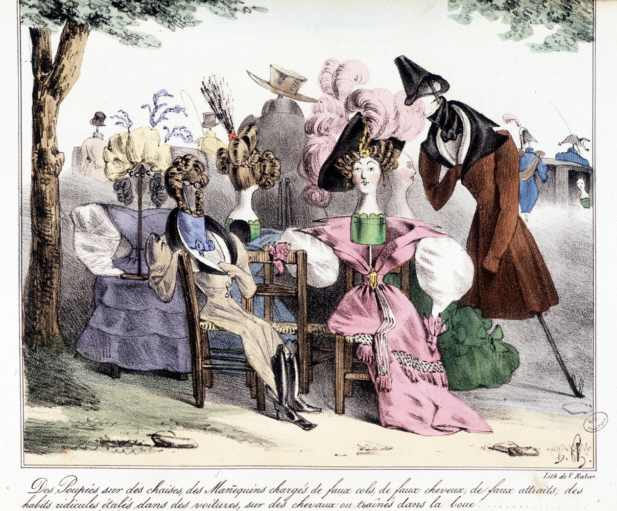 Uma descrição irónica da moda burguesa do século XIX: "Bonecas em cadeiras, modelos carregados de coleiras falsas, cavalos falsos, atracções falsas; roupas ridículas espalhadas em carros, em cavalos ou arrastadas na lama." Em "La silhouette", diário satíri de Unknown artist