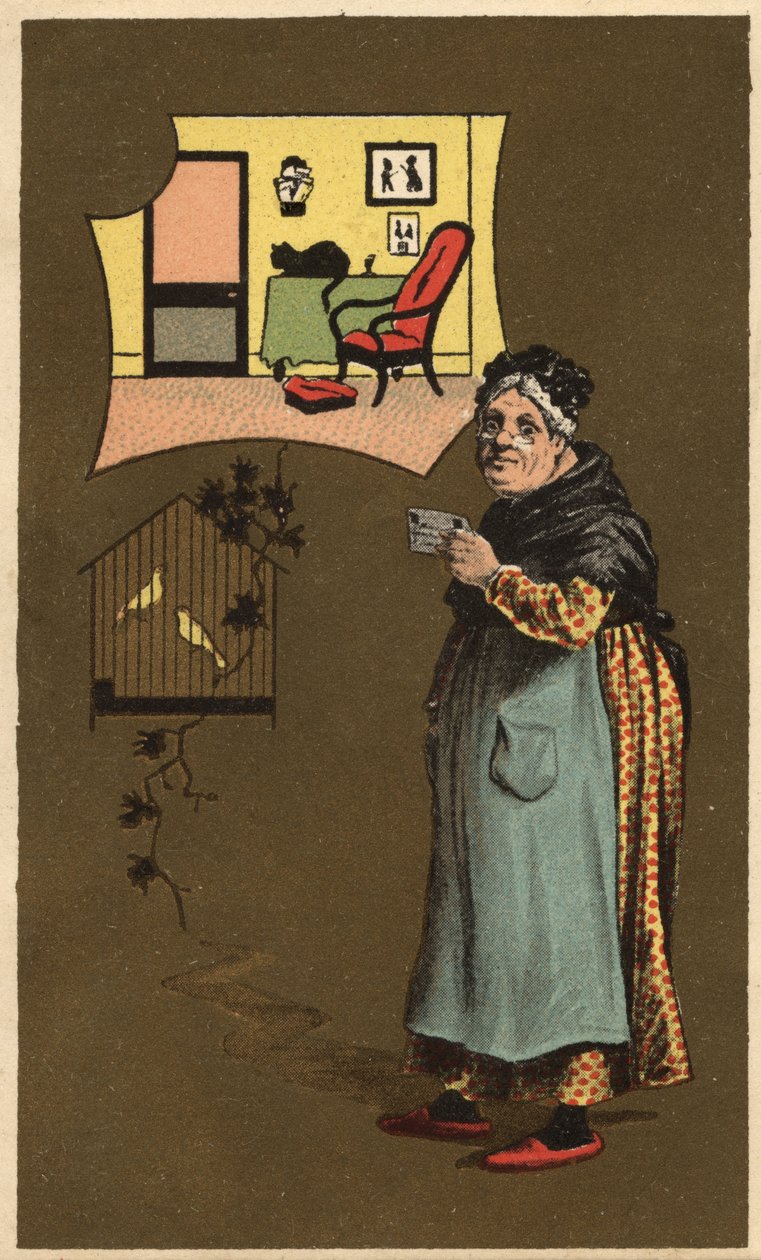 Uma mulher velha segurando uma xícara perto de uma gaiola com pássaros. Uma cromolitografia anónima, do final do século XIX. de Unknown artist
