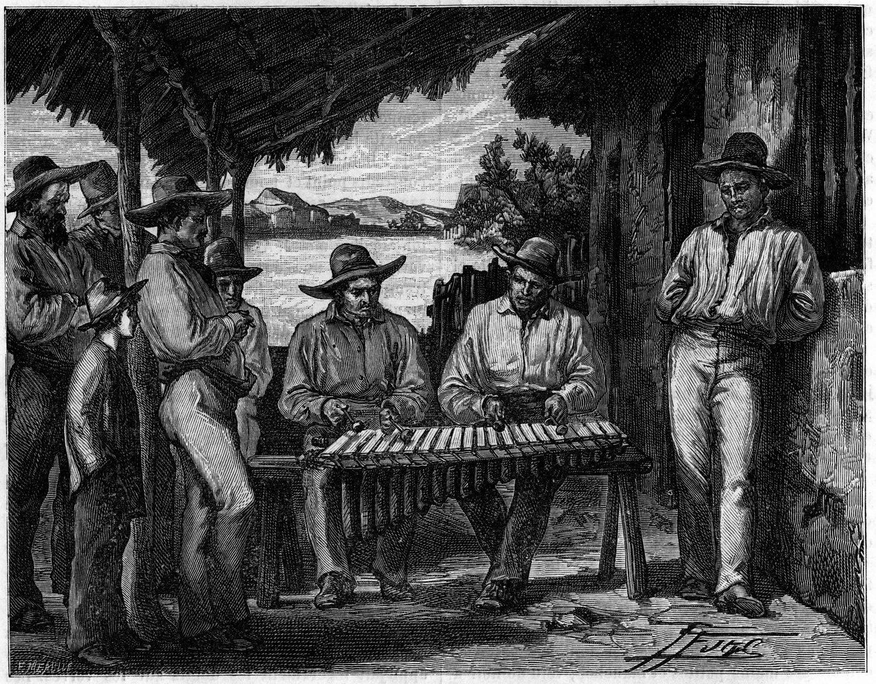 Uma orquestra de marimba mexicana (xilofone). de Unknown artist