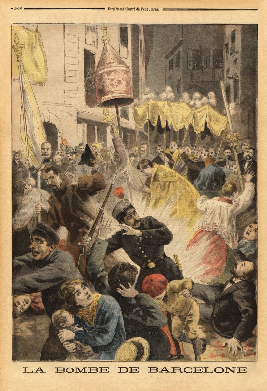 Ataque anarquista em Barcelona, explosão de bomba na procissão deixando a igreja de Santa Maria, rua nuevos cambios. Gravação no "Le petit journal" 21/06/1896. Coleção da Selva. de Unknown artist