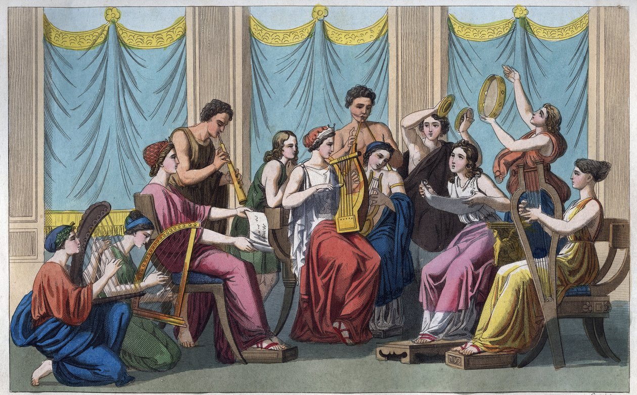 Grécia Antiga - Concerto com diferentes instrumentos - gravura de "Usos e costumes de todos os povos do Universo". Ou História do governo, leis, milícias, religião de todas as nações desde os tempos mais remotos até aos dias de hoje" 18 de Unknown artist