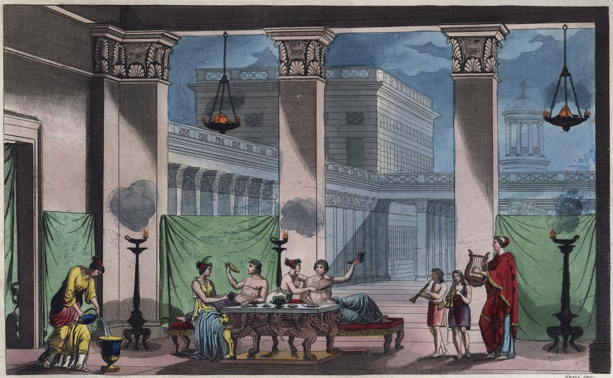 Grécia Antiga - O Triclínio - gravura de "Usos e Costumes de Todos os Povos do Universo". Ou melhor, a história do governo, das leis, das milícias, da religião de todas as nações desde os tempos mais remotos até aos nossos dias" 1856 de Unknown artist