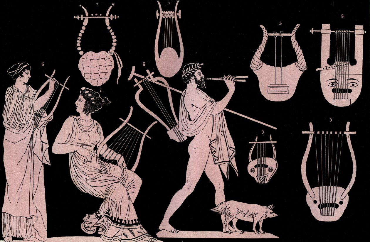 Antigo instrumento musical grego: Lyre e Cithara (cítara) (kithara) - gravura de "Usos e costumes de todos os povos do Universo". Ou seja, a história do governo, leis, milícias e religião de todas as nações, desde os tempos mais remotos até o presente. de Unknown artist