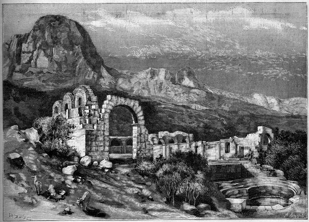 Arquitectura antiga: ruínas do templo romano de Zaghouan (Tunísia). Gravura de Riugel em "The Illustrous World" n°1308 de 22 de Abril de 1882. de Unknown artist