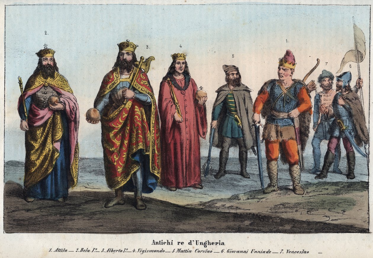Antigo rei da Hungria - Attila (ca. 395-453) - Bela I o Campeão ou o Wisen (Bela I arpad conhecido como Bela o Bisonte ou Bela o Campeão, ca. 1015-1063) - Albert I da Alemanha (Albert I dos Habsburgos de Unknown artist