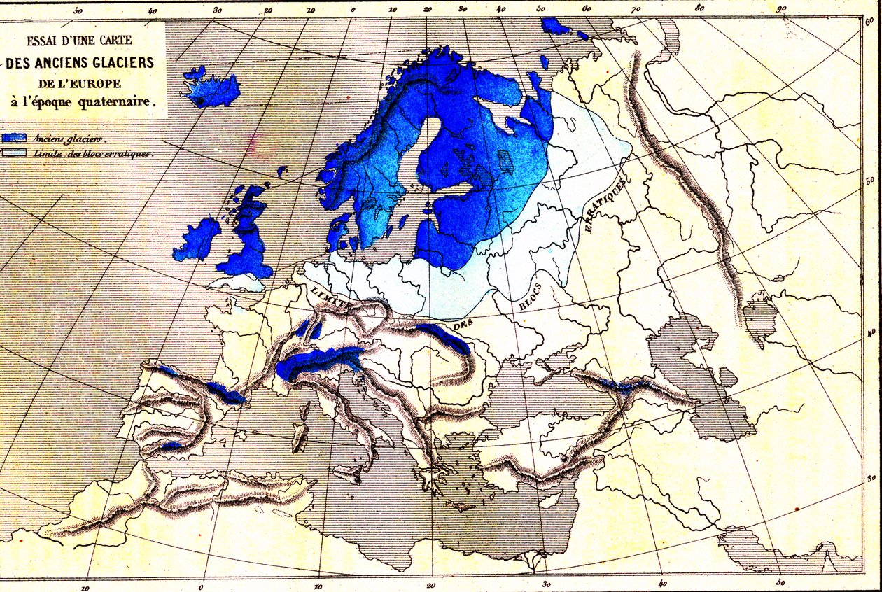 Antigos glaciares da Europa, zona do Quaternário (gravura) de Unknown Artist