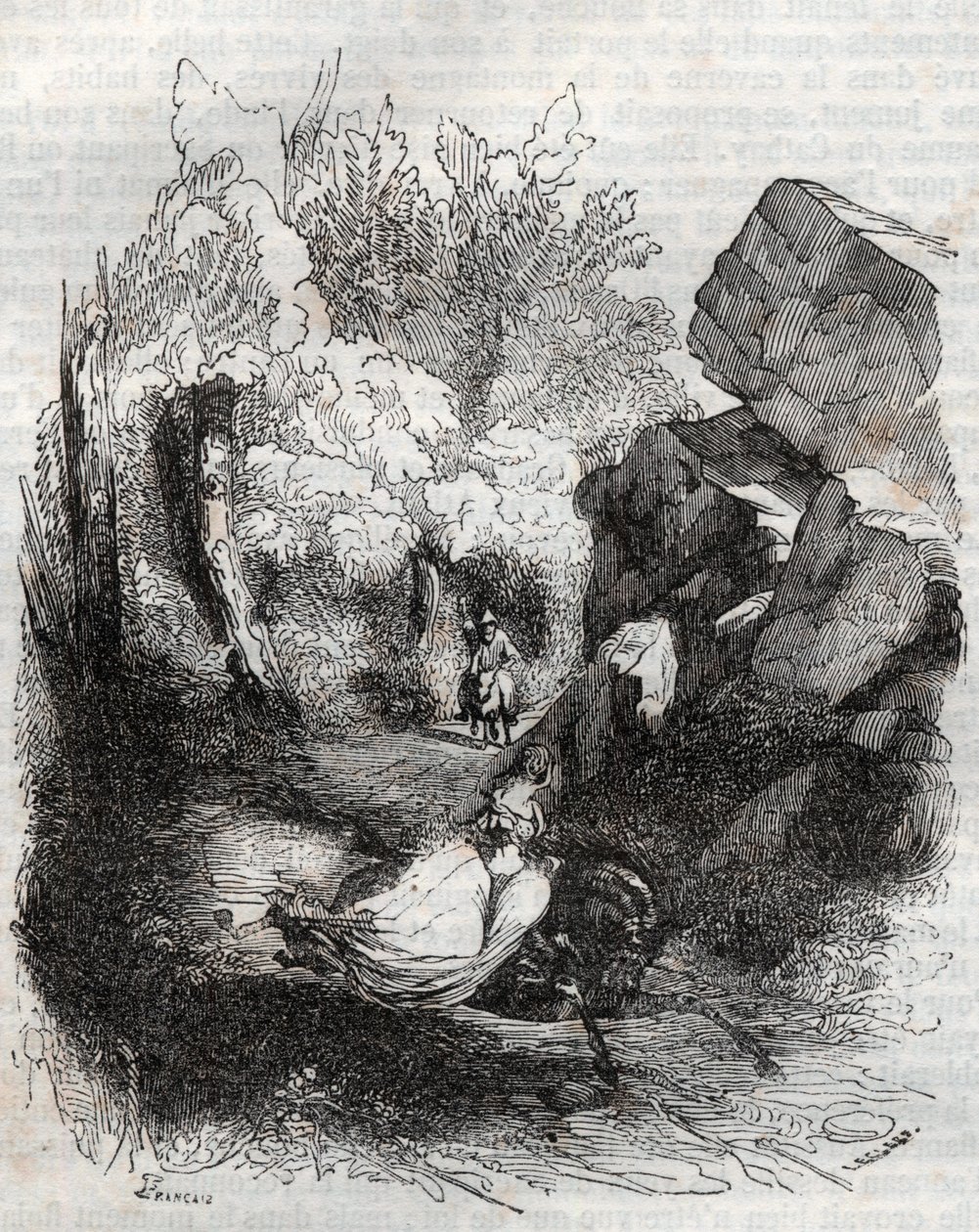 Angelique (Angelica) fugindo do velho ermitão - gravura de 1851 de "Furious Roland" (Orlando furioso) (século XVI) de Ludovico Ariosto, conhecido como Ariosta - Edição traduzida do italiano pelo Conde de Tressan e publicada por Gustave Harvard 1 de Unknown artist