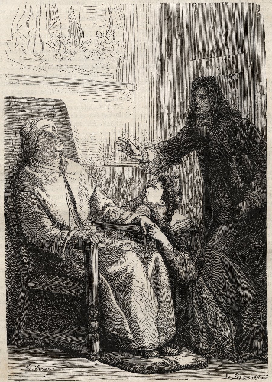 Angelique ajoelha-se ao seu pai que acredita morto - gravura para Jean Baptiste Poquelin dit Moliere (1622-1673) (The Imaginary Invalid) de Unknown artist