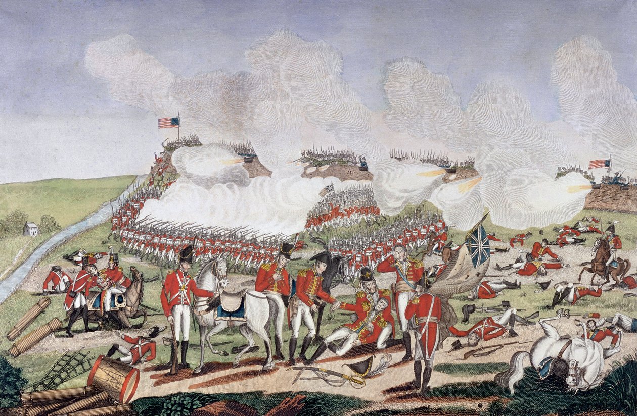 Guerra Anglo-Americana de 1812 (Segunda Guerra da Independência): Morte do General Edward Pakenham (1778-1815) durante a Batalha de Nova Orleães (Louisiana, EUA) de Unknown artist
