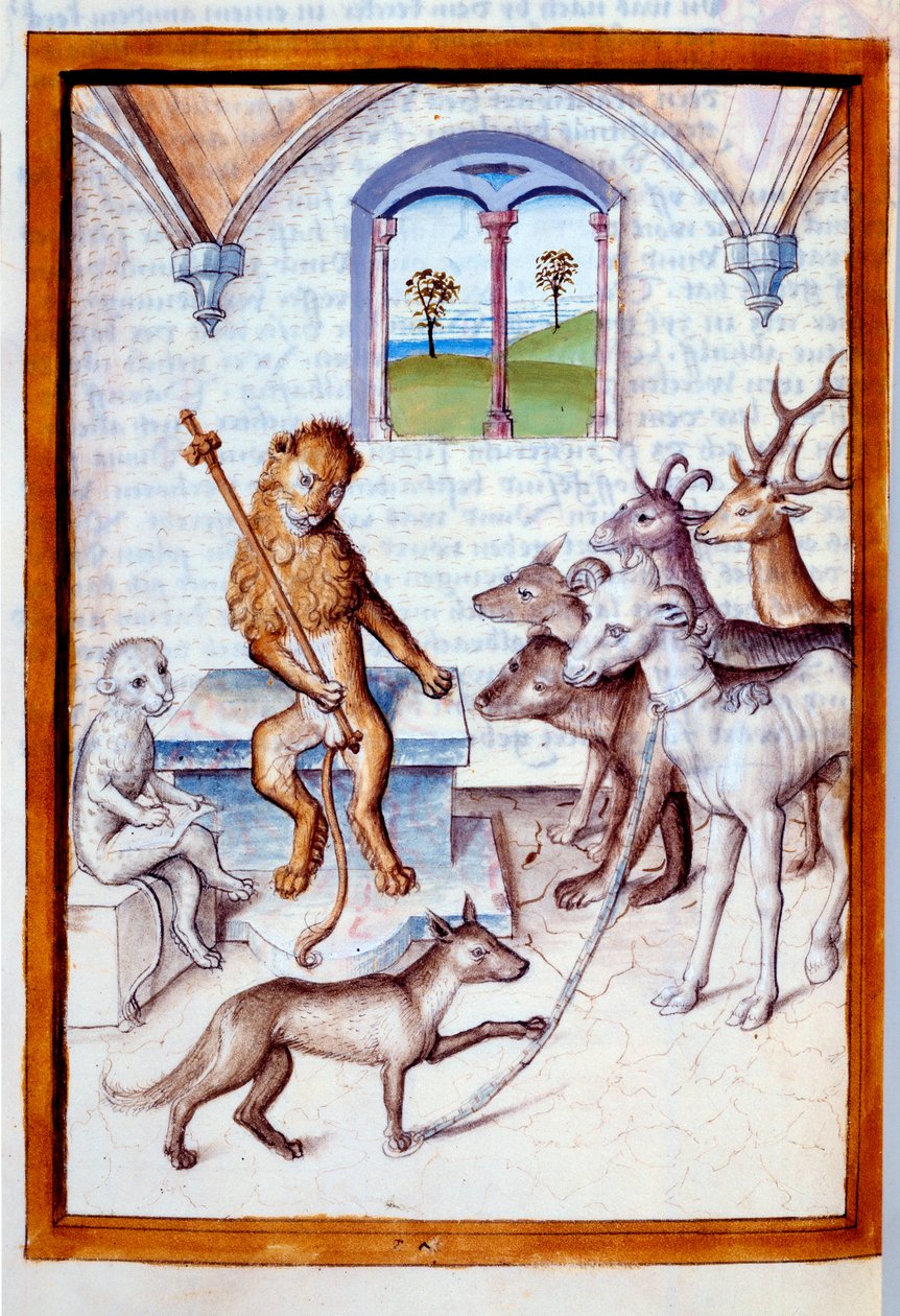 Animais na postura de seres humanos: O leão, rei dos animais, dá ordens a cabras, veados, veados e veados assiste um felino na postura de escriba. Miniatura de "Fábulas" de Bidpai traduzida para o alemão de Unknown artist