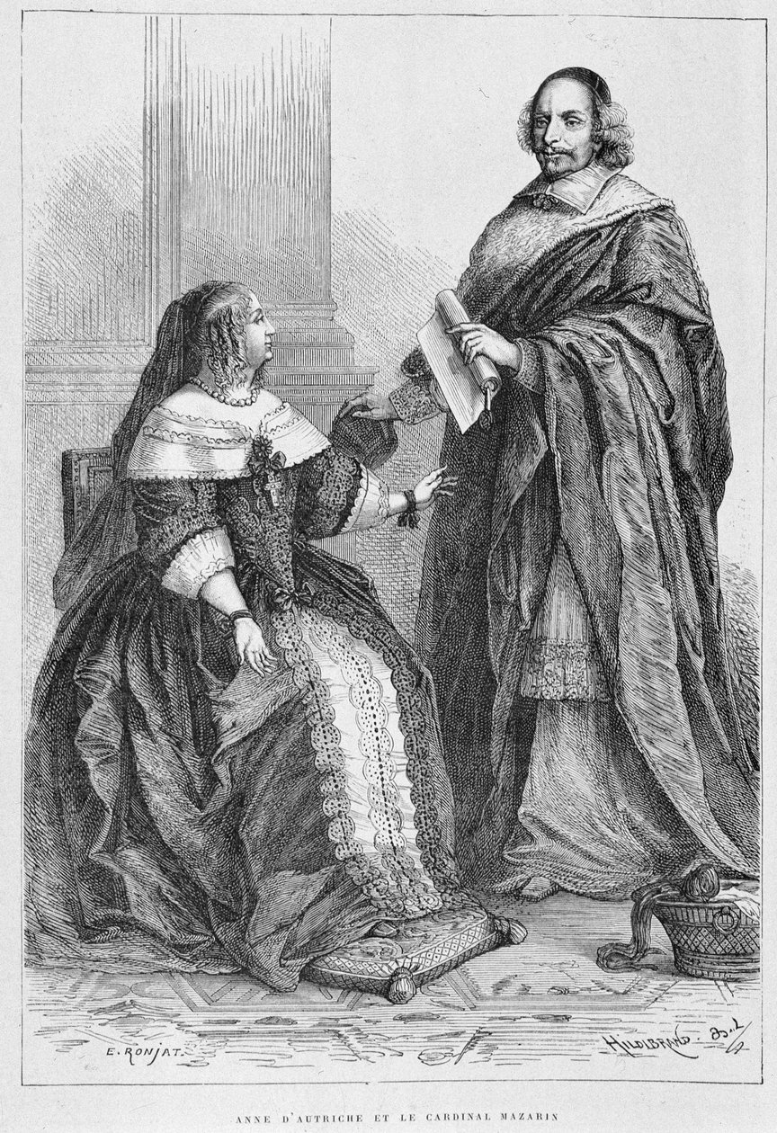 Ana da Áustria e o Cardeal Jules Mazarin (Giulio Raimondo Mazzarino ou Mazarino) (1602-1661) - Grav., in "Histoire de France from the most remote times until 1789" de M. Guizot de Unknown artist