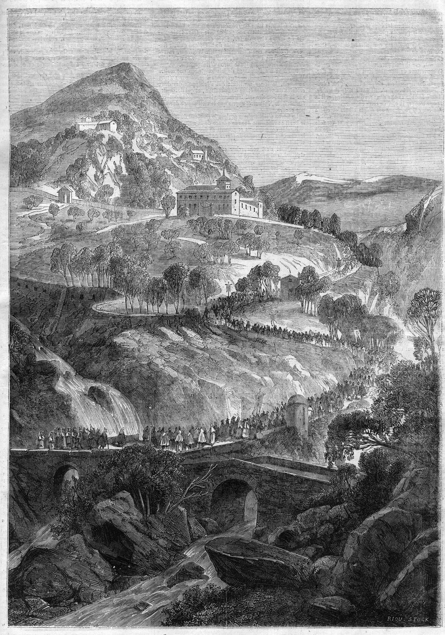 Peregrinação anual de 21 de março no convento de São Bento no Monte Cavo (Colli Albani), perto de Roma - Gravura de 1868 de Unknown artist