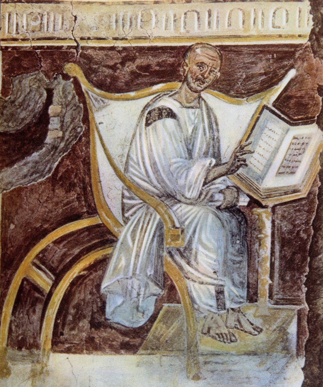 Anônimo (por volta do século VI). O retrato mais antigo de Santo Agostinho (354 - 430). Roma. Palazzo Lateranense, Scala Santa (Escadaria de Santo Agostinho). Fac-símile. de Unknown artist