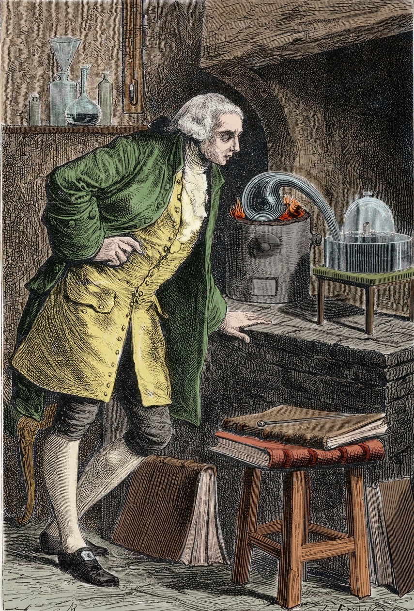 Antoine Laurent Lavoisier (1743-1894) químico francês, investigando a existência de oxigênio no ar: experiência na qual obteve óxido mercúrico - Lavoisier dans son laboratoire. Gravura do século XIX. de Unknown artist
