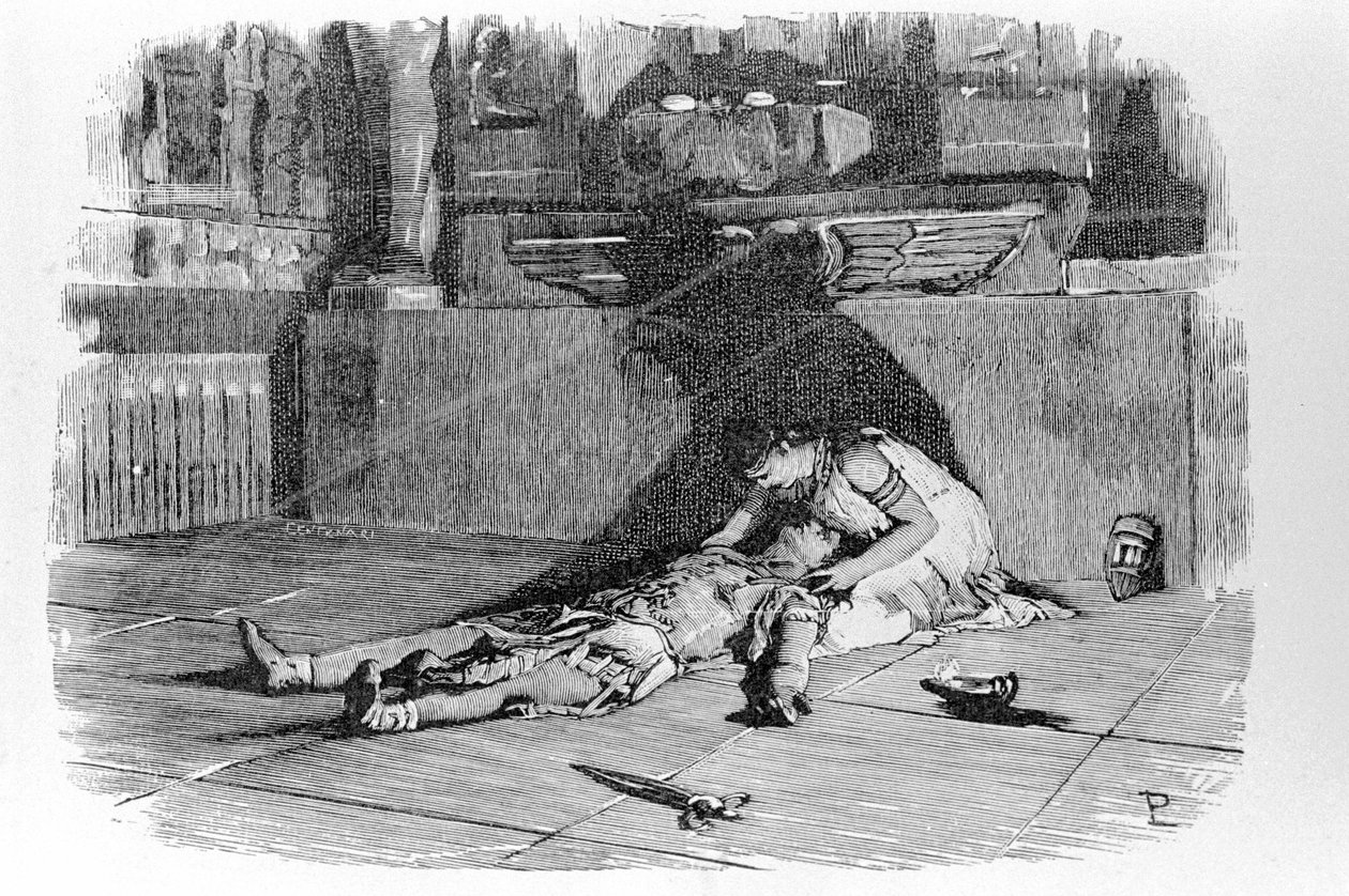 Antoine ou Marc Antoine (83 AC - 30 AC) morrendo nos braços de Cleópatra depois de ter morrido acreditando no suicídio de Cleópatra. Gravura do século XIX. de Unknown artist