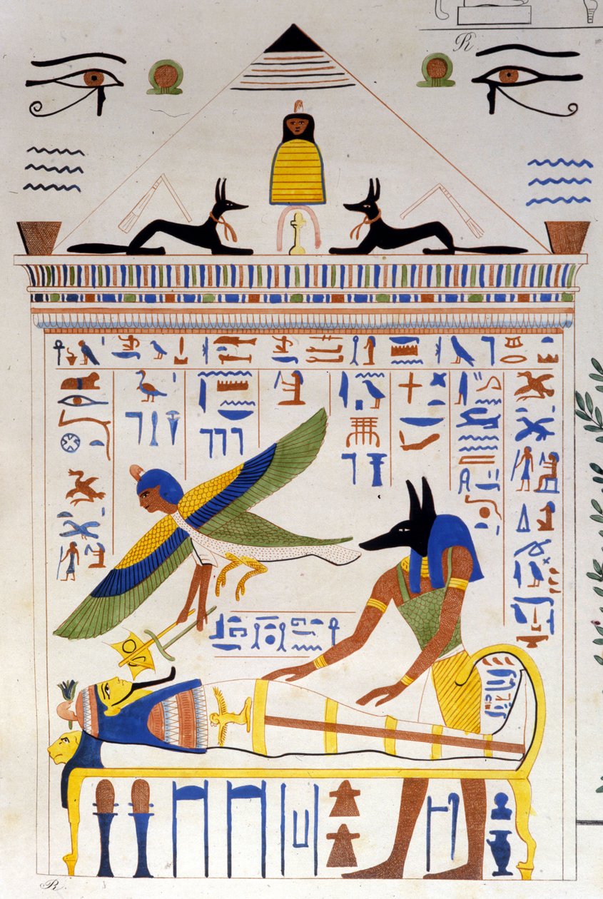 Anubis cuida da múmia enquanto a alma do falecido voa para a transmigração - em "Monumentos do Egito e da Alta Núbia" de Ippolito Rosellini (Rossellini). de Unknown artist