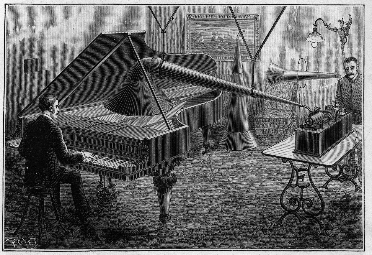 Aparelho para gravar uma peça para piano do fonógrafo, uma invenção de Thomas Alva Edison (1847-1931). Gravação em "La Nature. Revue des sciences et de ses applications aux arts et a l