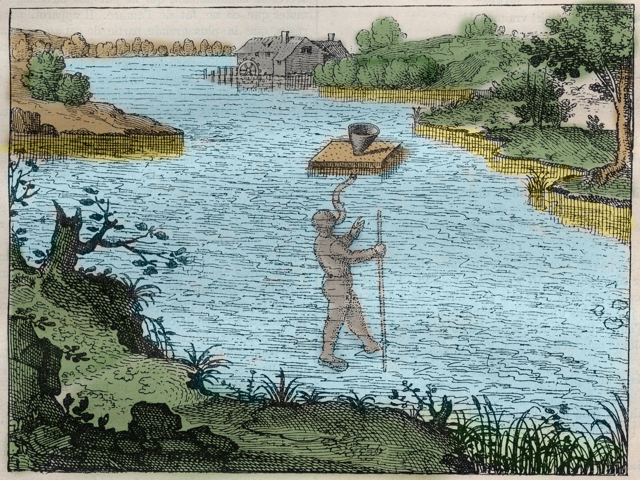 Aparelho para permitir ao mergulhador respirar debaixo de água - Método utilizado pelos mais velhos para atravessar os rios gravados em "Utriusque cosmi maioris scilicet et minoris metaphysica, physica atque technica Historia" (história metafísica, física  de Unknown artist