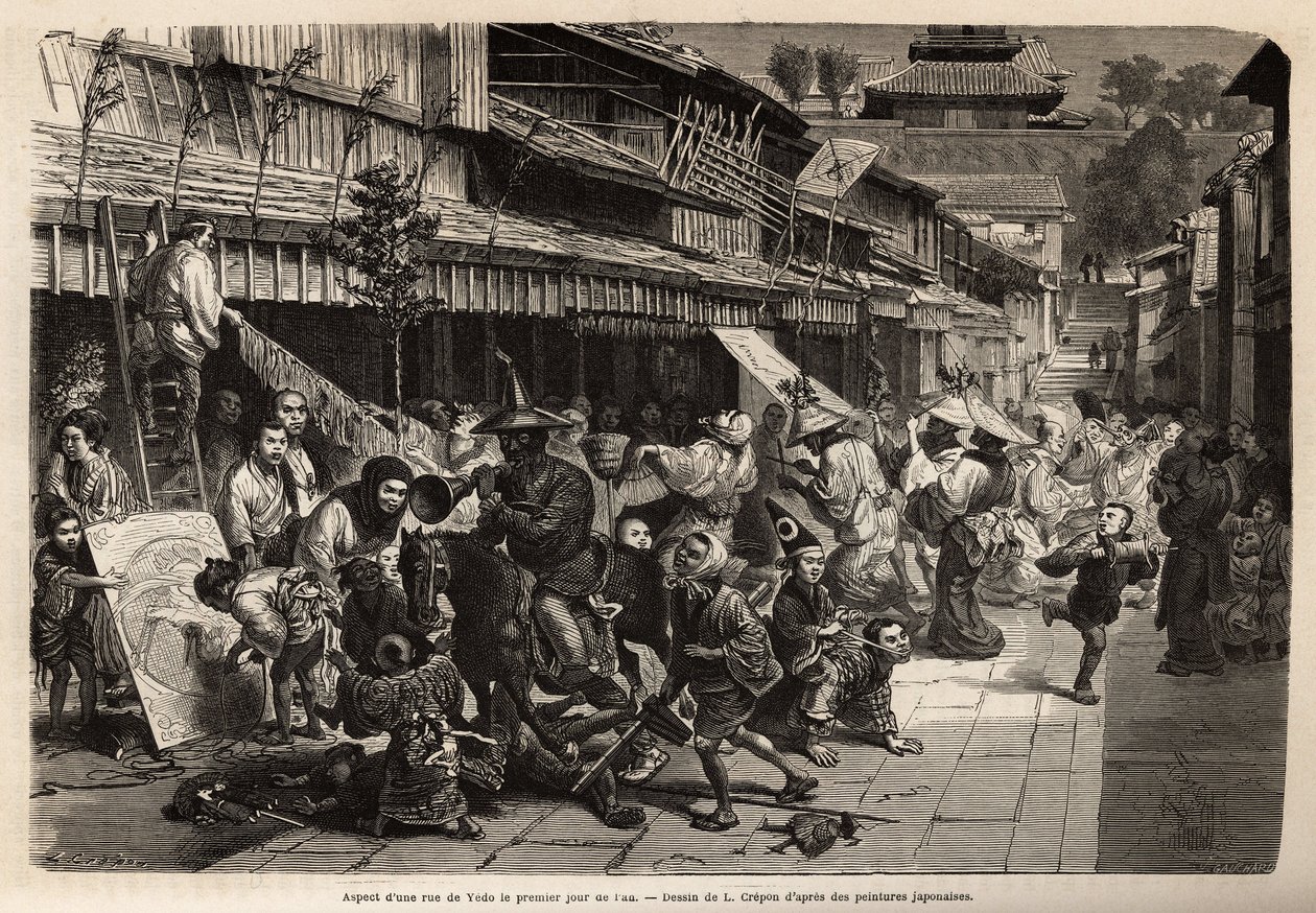 Aparecimento de uma rua em Edo (Tóquio) no primeiro dia do ano, os habitantes travestis passeiam e os jogos das crianças são omnipresentes: pipas (papagaios) de papel, pontos, topos e aros, sapatos de neve, cachorros e efígies feitos de mache de papel, ent de Unknown artist