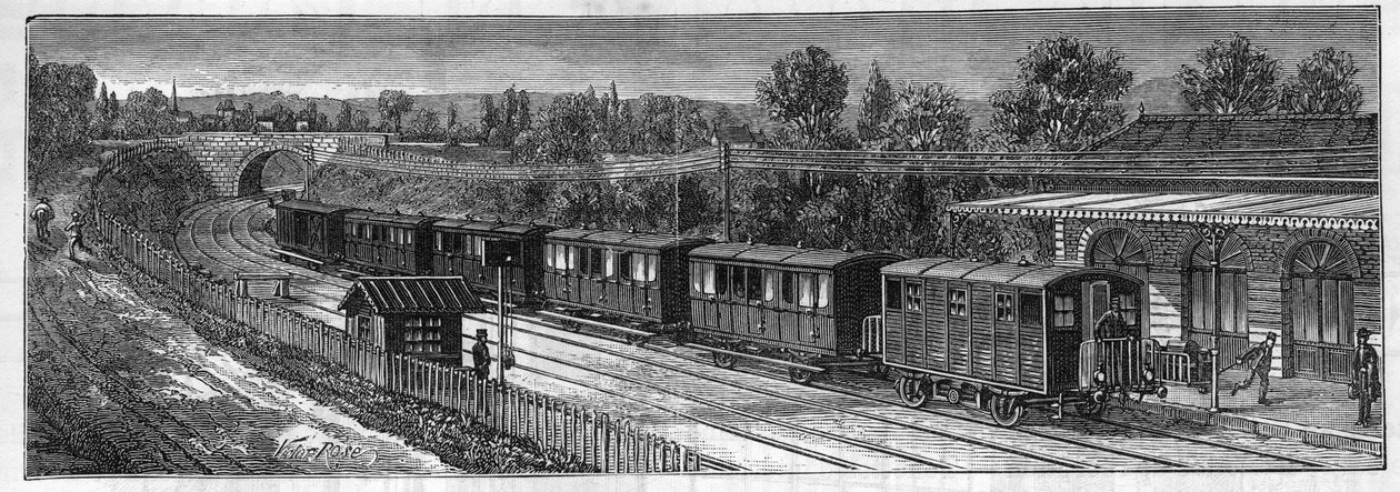 Aplicação de baterias Faure: Comboio elétrico em uma voz ferroviária em uma estação. Gravação no "Le Monde Illustré". de Unknown artist
