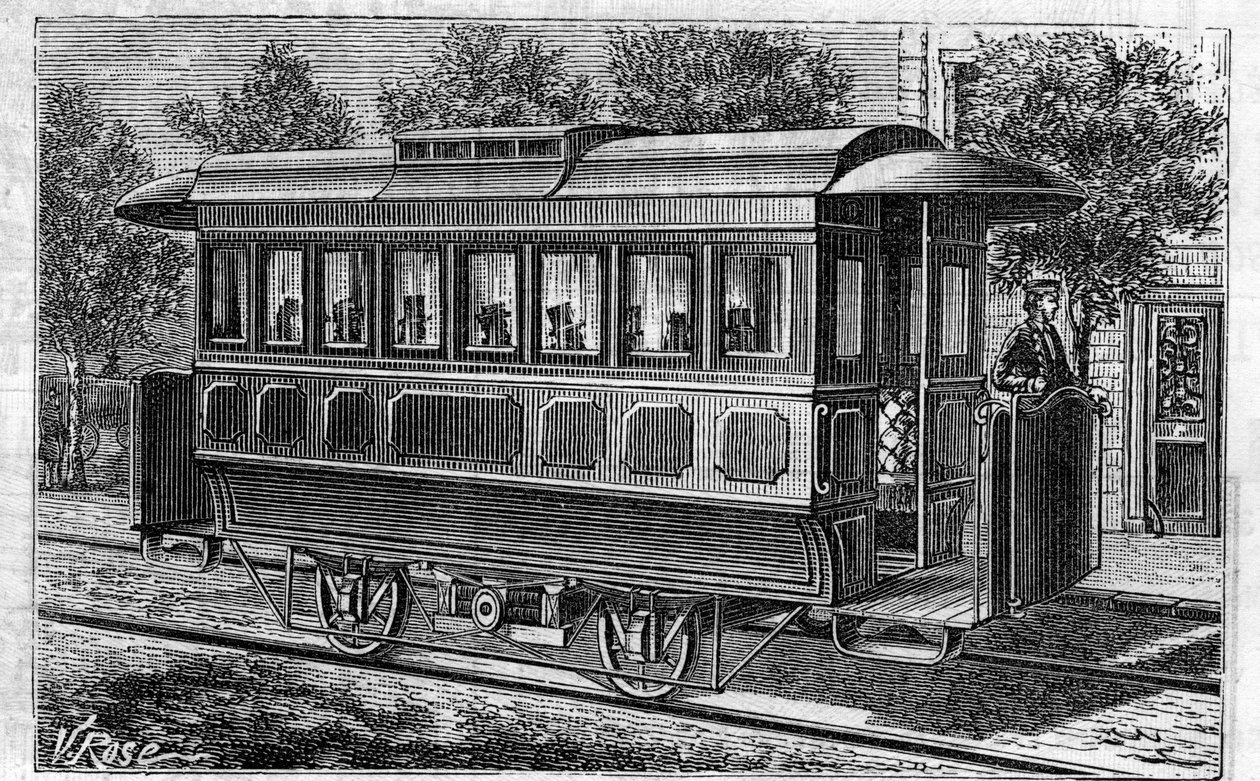 Aplicação de baterias Faure: Eléctrico, modelo da empresa Omnibus, alimentado por baterias. Gravação em "Le Monde Illustré". de Unknown artist